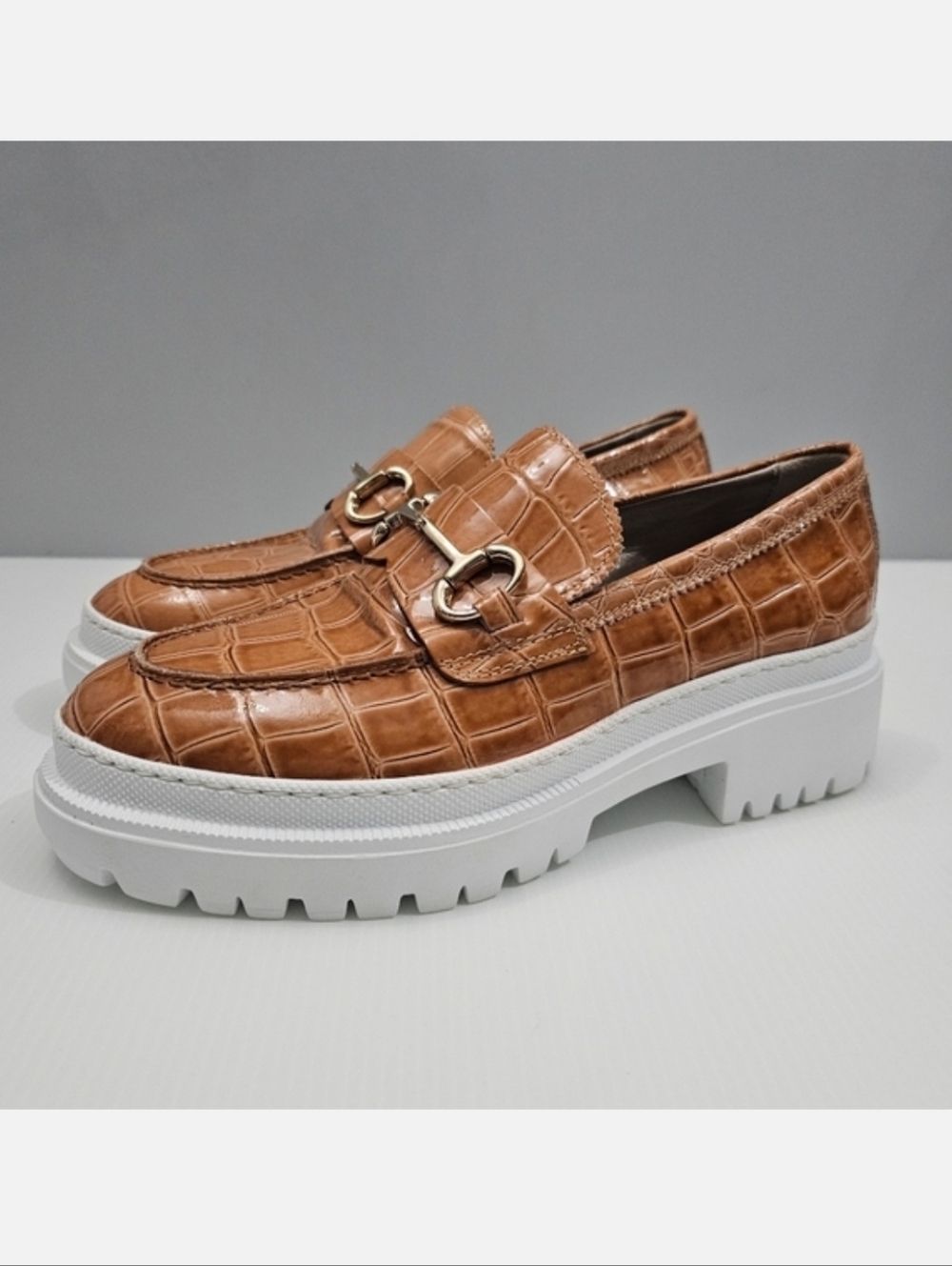 AGL Orietta Bit Loafer Womens EU 37 Caramel Leather Croc Embossed Platform NEW